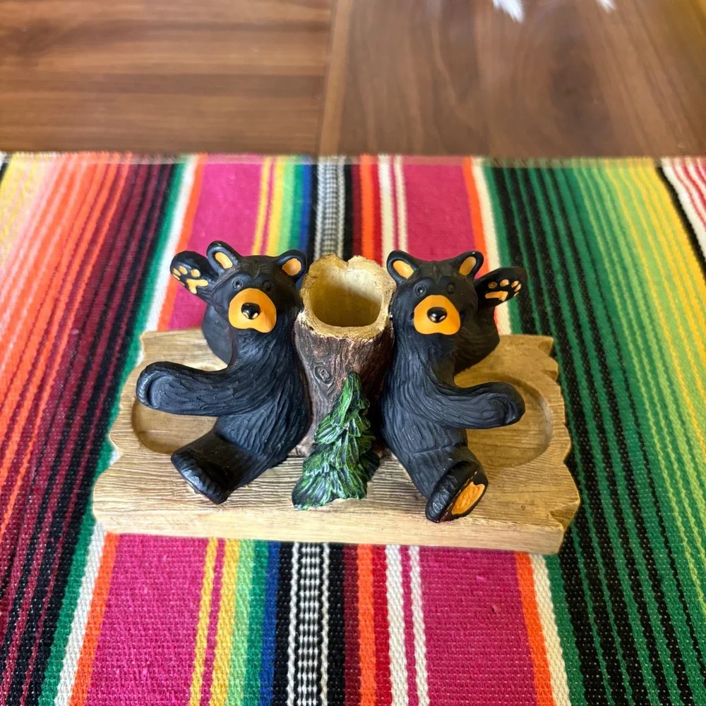 Bearfoots Jeff Fleming Salt Pepper Shaker Base Toothpick Holder Black Bears A884